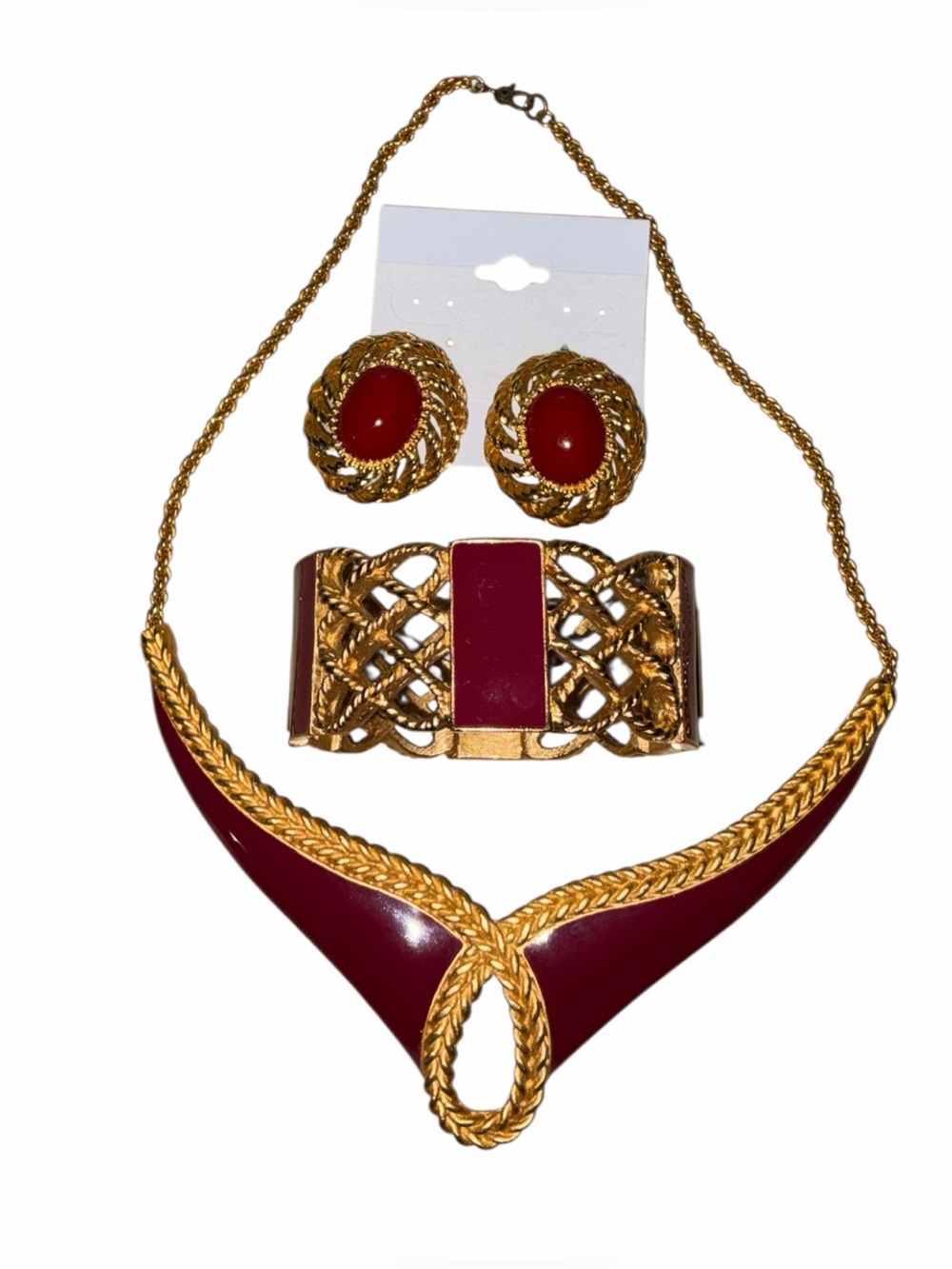 Vintage 1980s Monet 3-Piece Burgundy Enamel & Gold Jewelry Set
